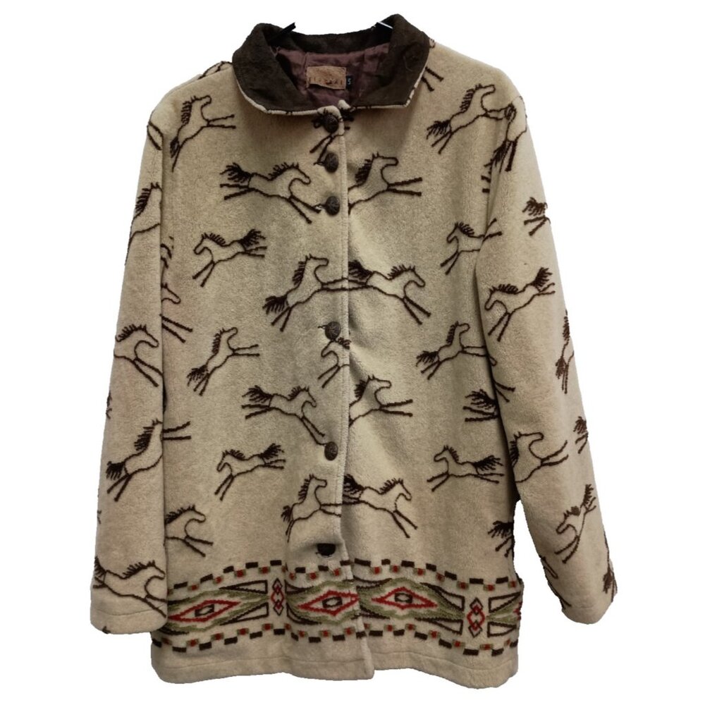 VTG Tsunami Horse Print Jacket Womens Large‎ Beige Fleece Western Ranch Outdoor